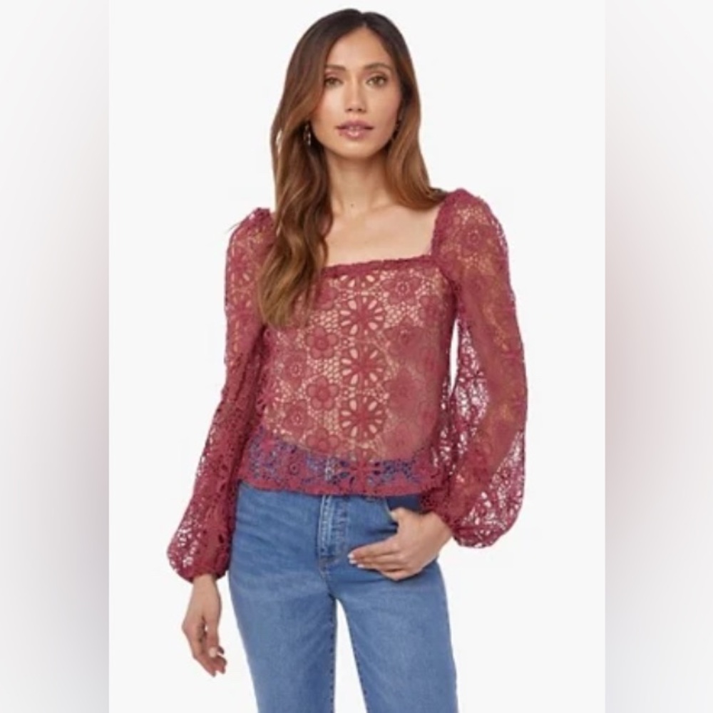 EUC Floral Crochet Square Neck Top Color: Plum M